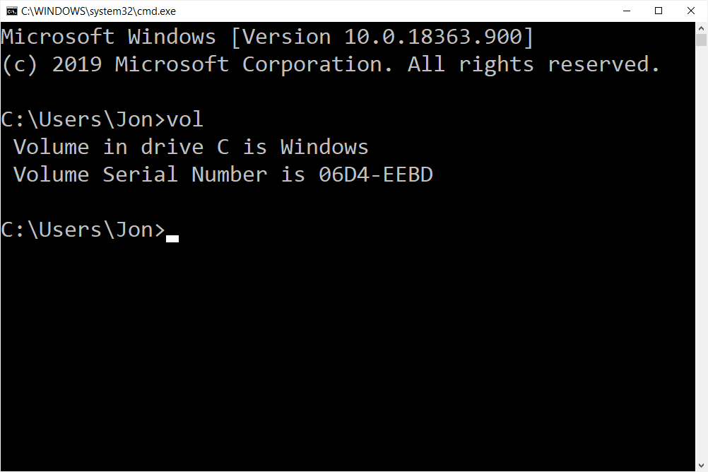 VOL kommando i Windows 10