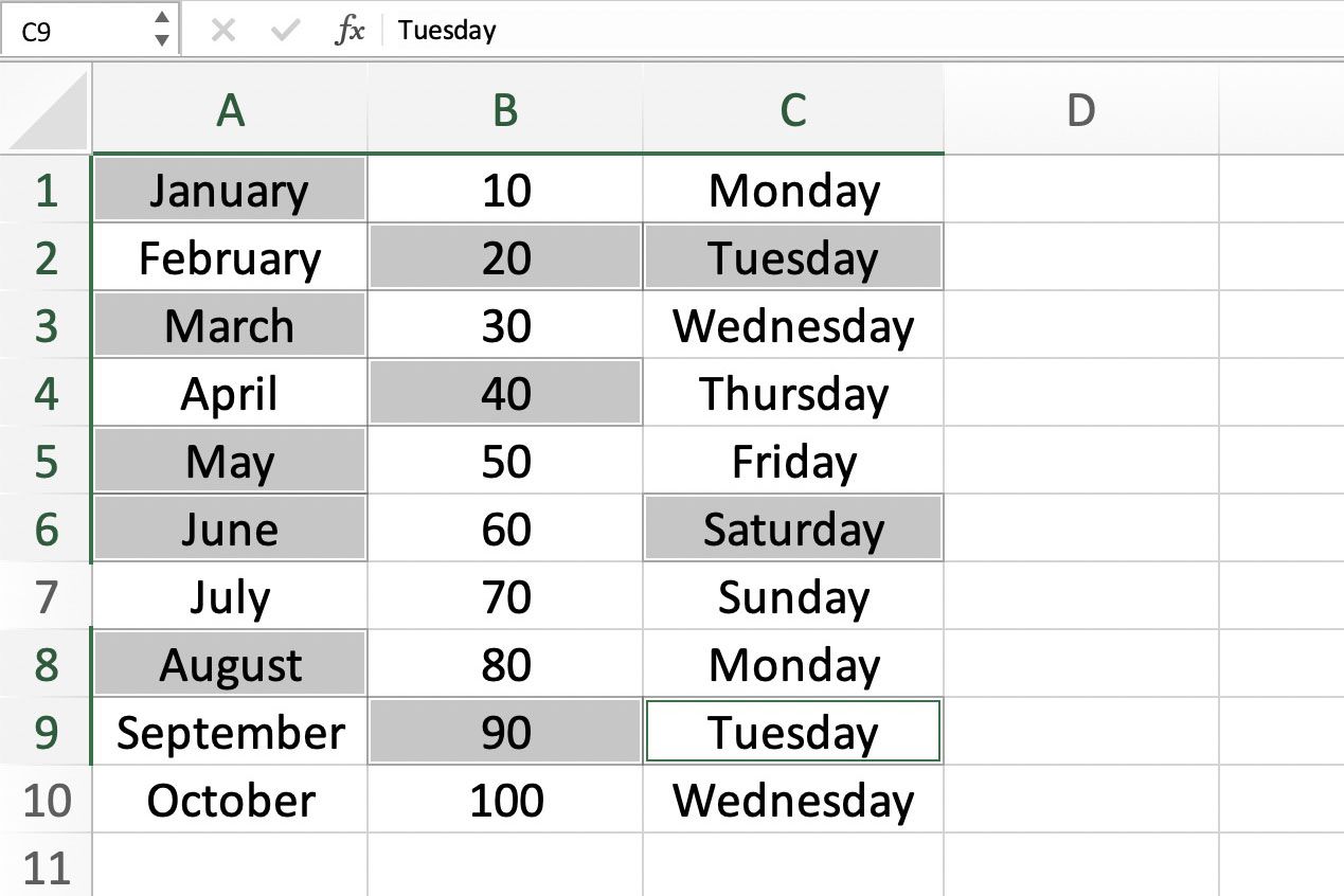 Skärmdump av Excel som visar val av celler med tangentbord och mus